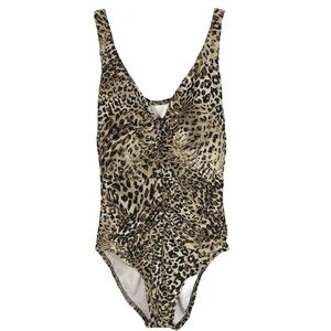 Aqua Green S Leopard Print One Piece Swim Suit N Neck Ruching